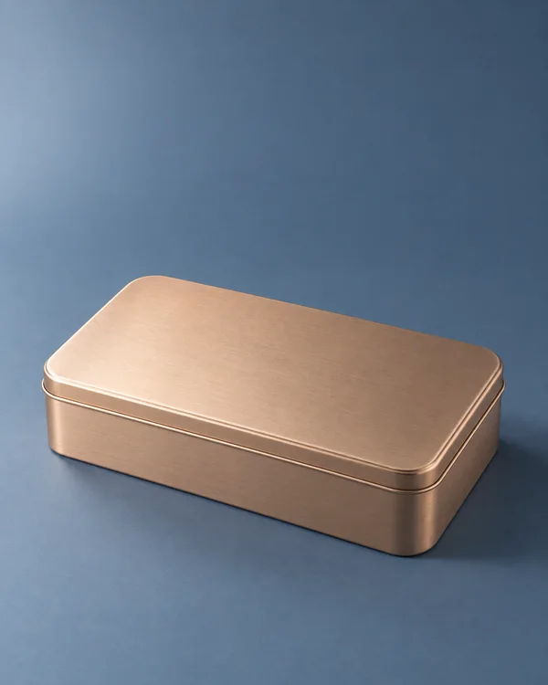 A blank rectangular peach-champagne metal tin with rounded corners and a fitted lid rests on a matte slate-blue surface, shown from a slightly elevated…