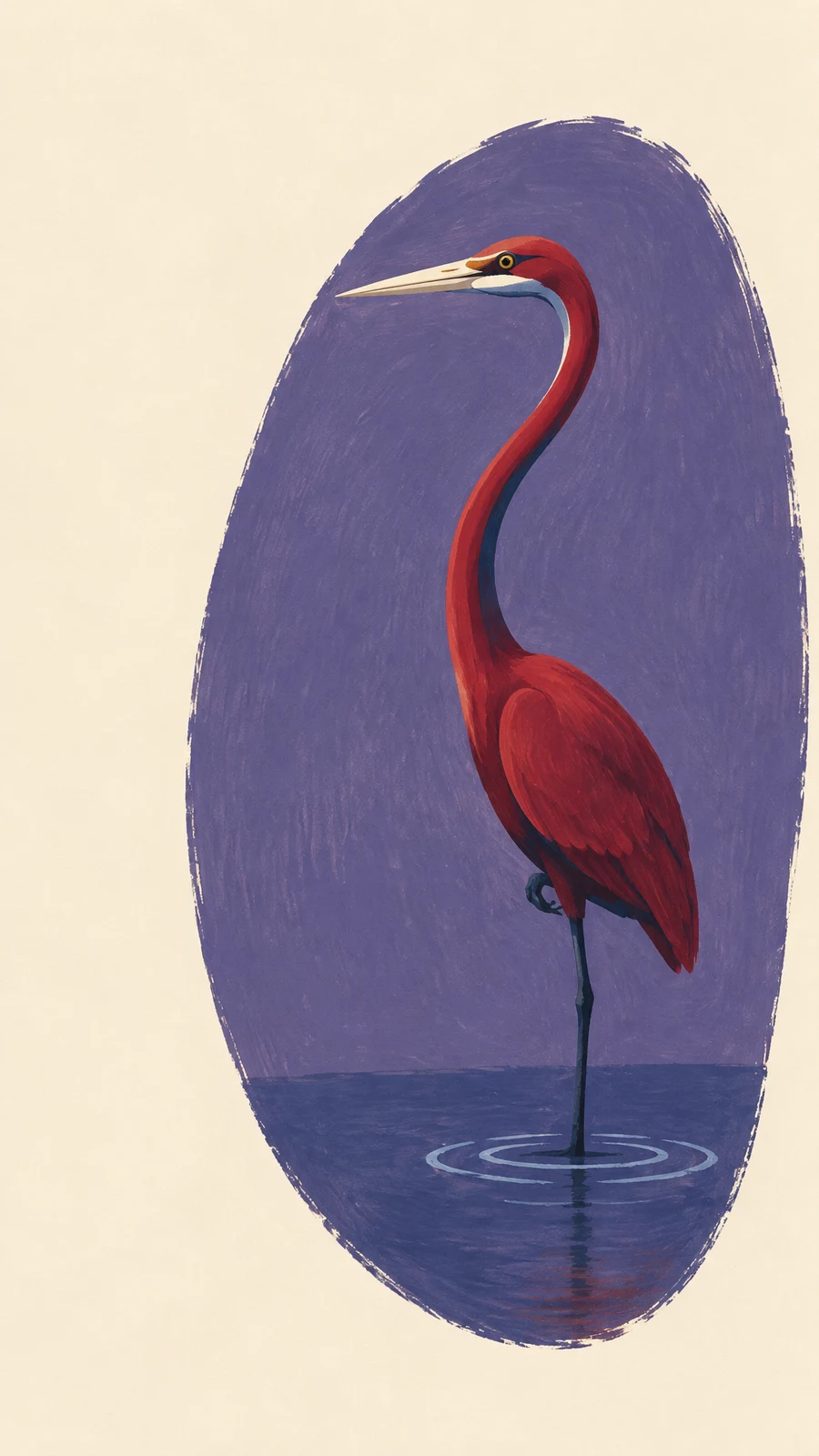 A red heron with an elongated S-curving neck and long ivory bill stands on one dark leg in shallow water, framed by a rough-edged violet oval against a warm…