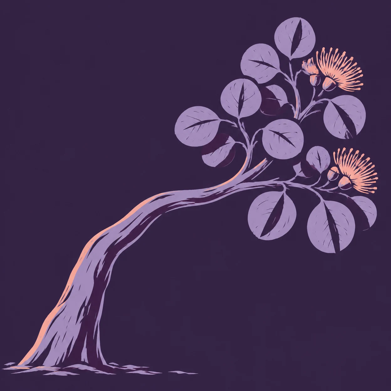 A stylized flowering eucalyptus with a long, curved lavender trunk sweeping from the lower left toward a cluster of round leaves and two peach flower sprays on…