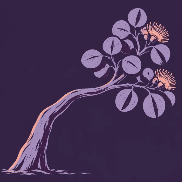 A stylized flowering eucalyptus with a long, curved lavender trunk sweeping from the lower left toward a cluster of round leaves and two peach flower sprays on…