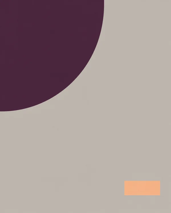 A large deep aubergine curved shape fills the upper-left corner of a warm-grey portrait background, with a small apricot rectangle near the lower-right.