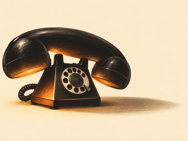 A large black rotary desk telephone sits left of centre on a warm cream surface, with a thick curved receiver spanning its base, a circular dial with chunky…