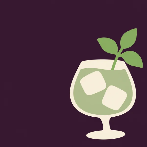 A creamy ivory, short-stemmed glass with pale sage liquid and two ivory ice shapes sits against a dark plum background.