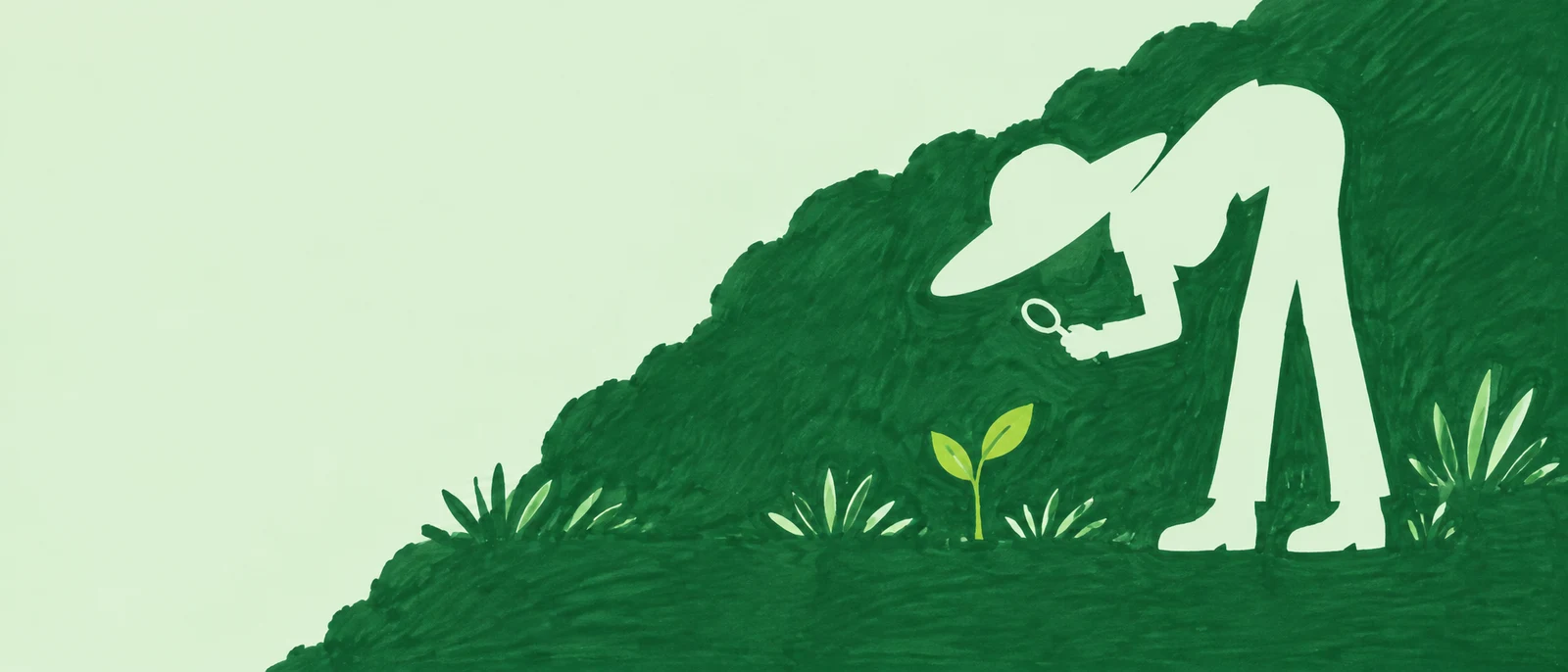 A pale cutout silhouette of a researcher in a floppy hat bends over a small lime-green seedling, holding a round hand lens within a dark-green meadow; pale…