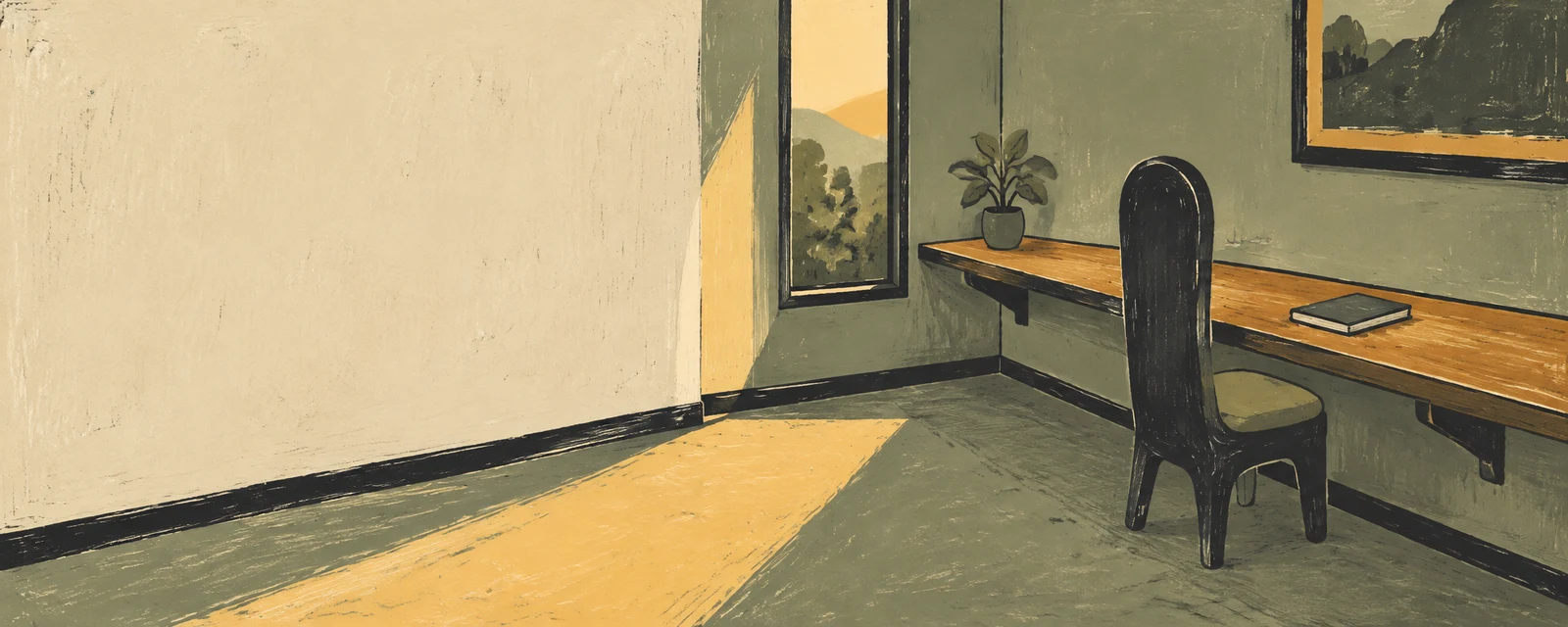 A hand-drawn, muted sage and ochre workplace room with a long wall-mounted wooden desk, one closed notebook, a tall-backed chair, and a narrow window casting a…