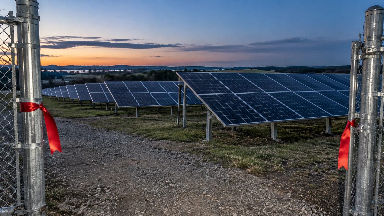 Rows of blue-black solar panels extend across a gently sloping field at dusk, viewed through a galvanized-steel gate opening.