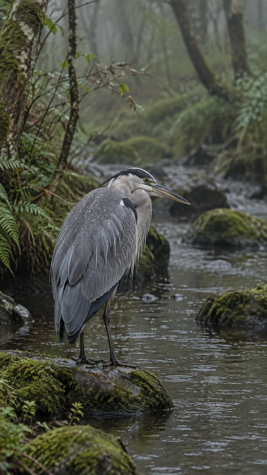 A grey heron stands on a moss-covered stone in a woodland stream, its head turned to the right and long bill held low; raindrops speckle its feathers as…