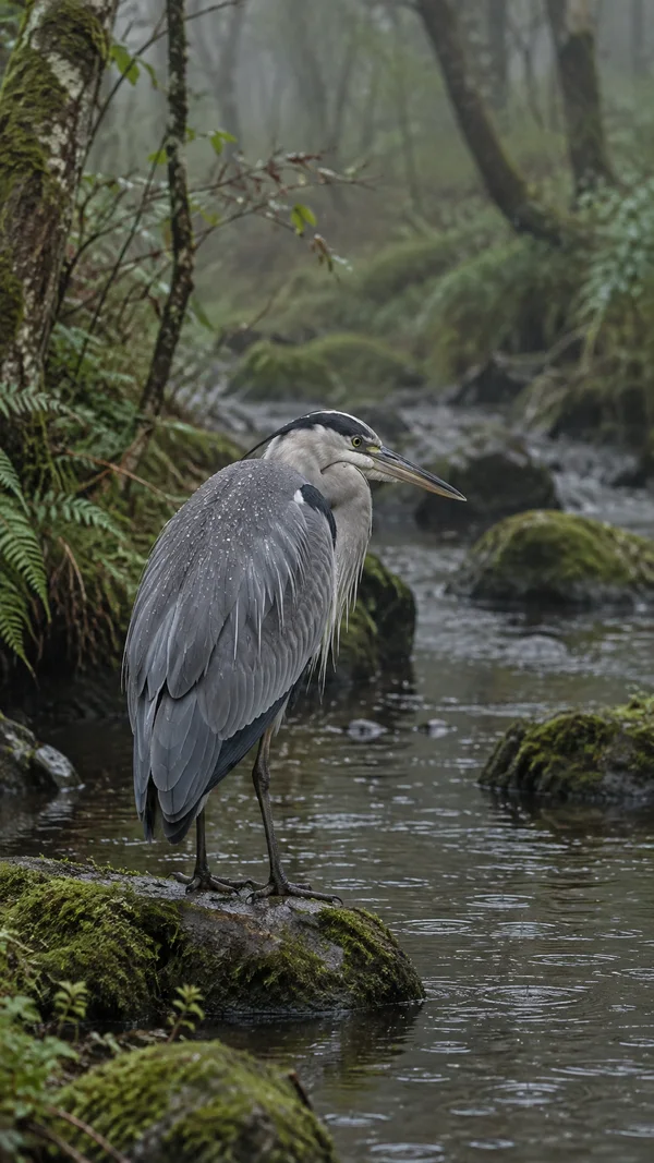 A grey heron stands on a moss-covered stone in a woodland stream, its head turned to the right and long bill held low; raindrops speckle its feathers as…