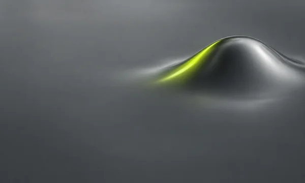 A smooth dark graphite liquid surface fills the frame, with a raised asymmetric dome on the right traced by a bright lime reflection and soft metallic…