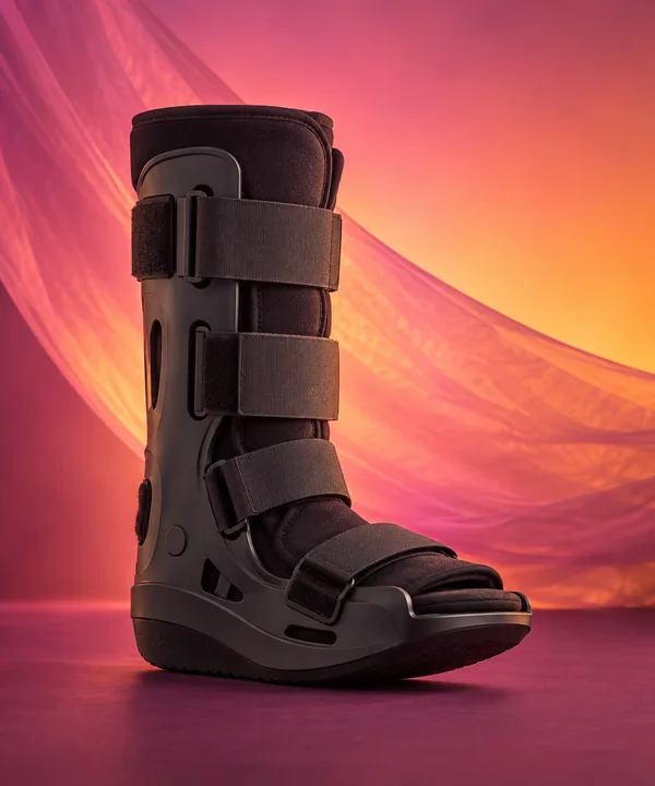 A black orthopedic walking boot with a rigid ankle shell, padded liner, broad fastening straps and a curved rocker sole stands on a plum studio floor in front…