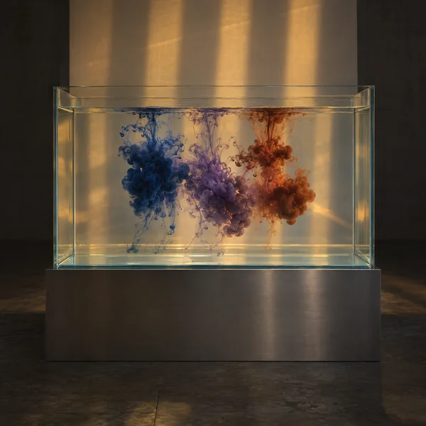 A clear rectangular water tank on a brushed-metal pedestal holds three suspended ink plumes in indigo, violet, and burnt orange, lit by broad amber bands…