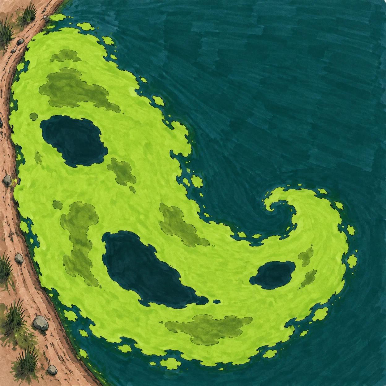 A top-down marker-style illustration of a large lime-green algal mat curling across a deep teal pond beside a curved clay bank, with dark-water openings and…