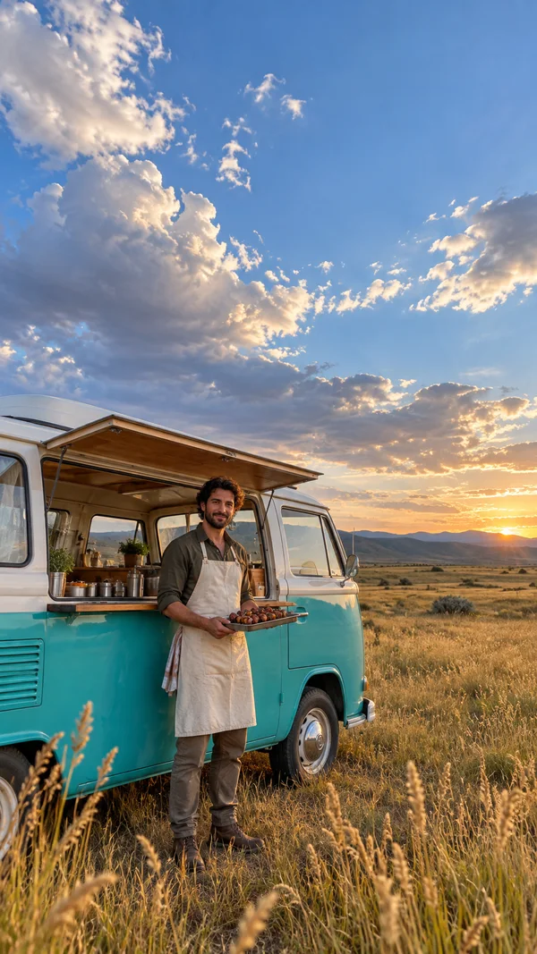 A full-body food vendor in a cream apron holds a metal tray of grilled food beside the open serving hatch of a turquoise-and-white camper in golden grassland…