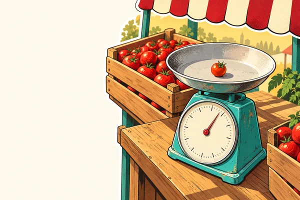 A turquoise mechanical scale with one red tomato in its broad metal pan sits on a wooden market counter, with a full tomato crate behind it, another partial…