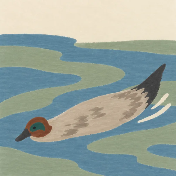 A stylized duck with a long oatmeal-coloured body swims diagonally toward the lower left across broad dusty-blue and sage pond bands, with two cream wake…