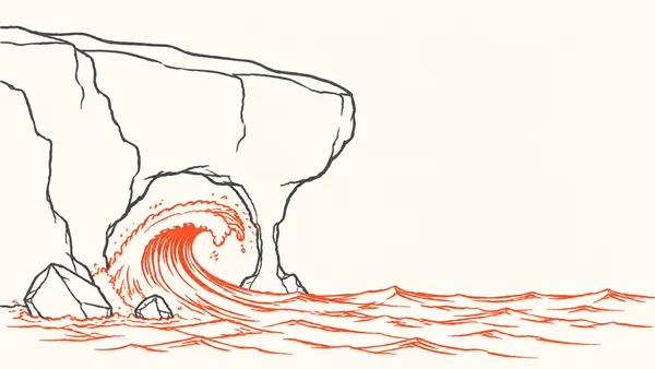 A hand-drawn coastal cliff overhangs a narrow, eroded notch as a vermilion wave curls into it; two angular rocks sit at the waterline, with open off-white…