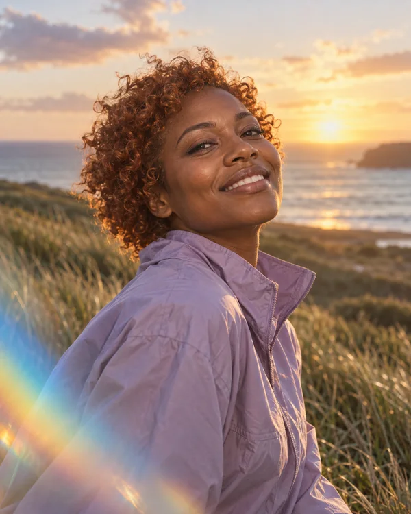 A smiling woman with short copper curls wears a lilac windbreaker on a grassy coastal dune at sunset, with the sea and horizon behind her and a bright…
