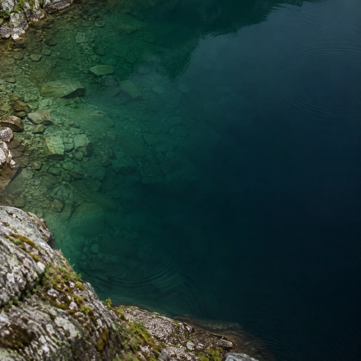 A steep view down over a rocky lakeshore, with pale submerged stones in green shallows fading into dark teal water and faint ripples.