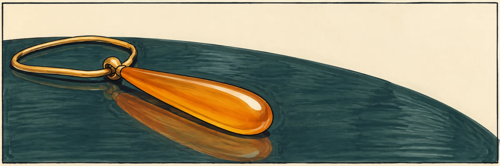A long amber-orange pendant on a broad gold oval chain lies diagonally across a dark teal tabletop, with an orange reflection beneath it and open ivory space…