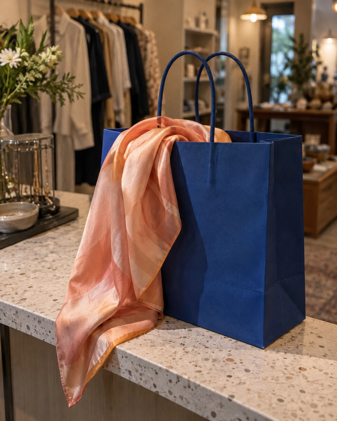 A peach silk scarf drapes over the rim of a large cobalt-blue paper shopping bag on a terrazzo counter in a warmly lit clothing boutique; blurred garments…