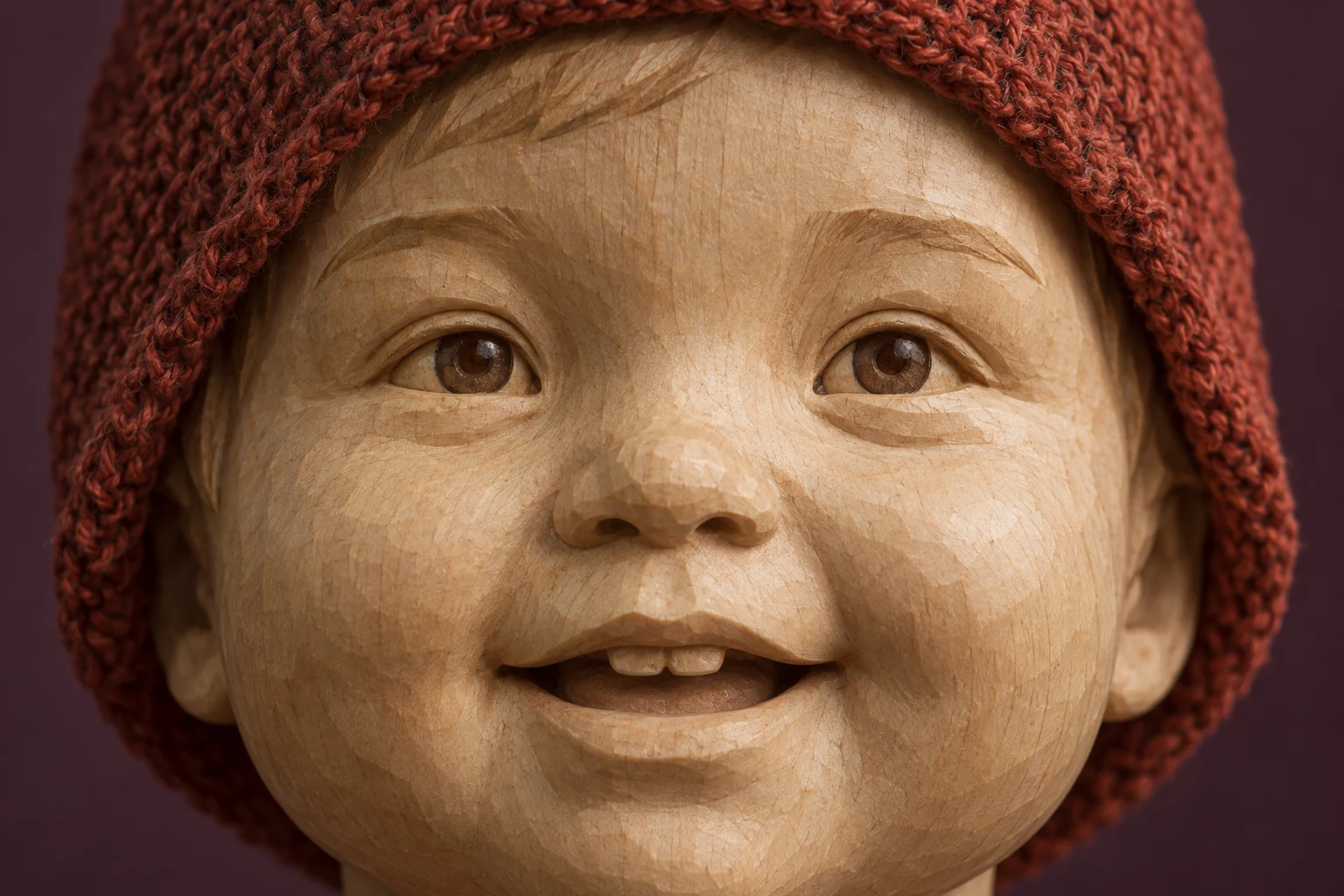 A close, nearly frontal view of a toddler face carved from light wood, wearing a thick brick-red knitted cap against a muted plum background.