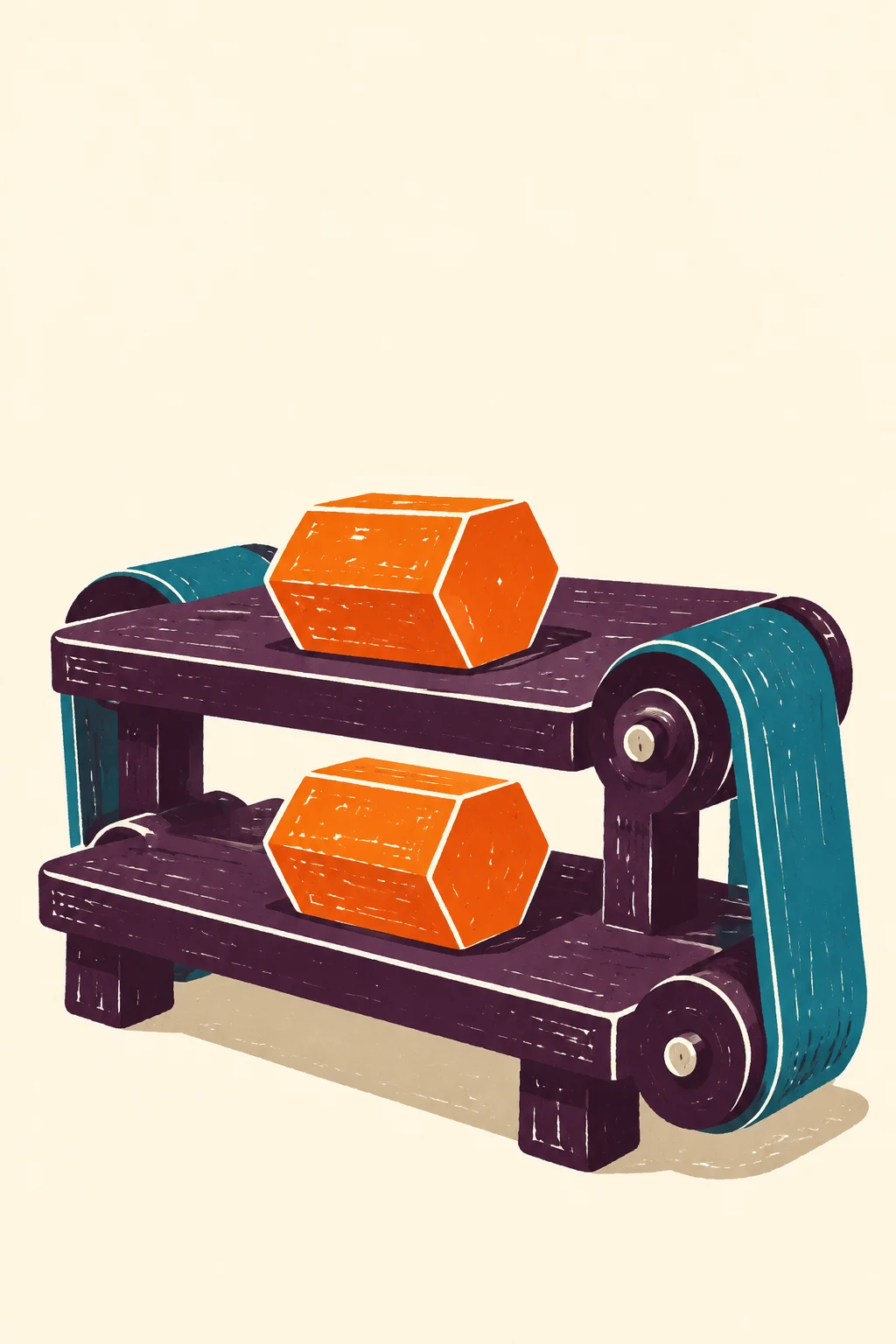 A squat two-tier aubergine shelf machine holds an orange hexagonal prism on each shelf, with a thick teal belt looping around rollers along the right side…