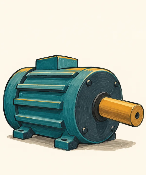 A hand-drawn teal electric motor with broad horizontal cooling ribs, a dark circular end plate, blocky mounting feet and an ochre shaft extending to the right…