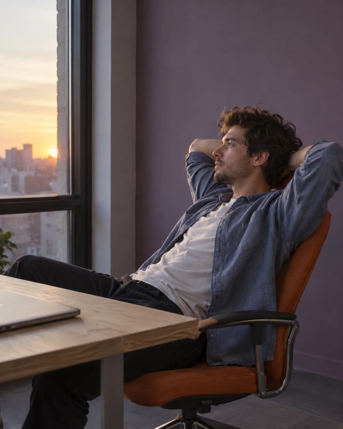A man in a faded blue overshirt reclines in an orange office chair, looking toward a sunset-lit window beside a plywood desk and closed laptop.