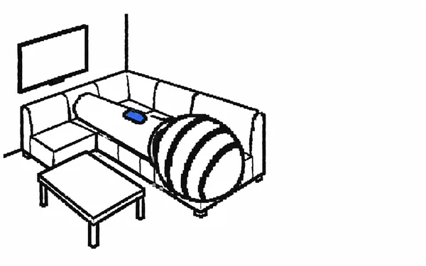 A black, pixel-stepped line illustration shows an oversized microphone lying across a white L-shaped sofa in a simple room.