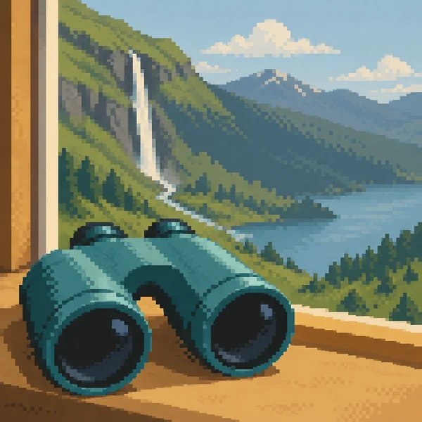 Chunky pixel-art teal binoculars rest diagonally on a warm ochre window ledge, overlooking a green cliff with a narrow waterfall and distant blue hills.