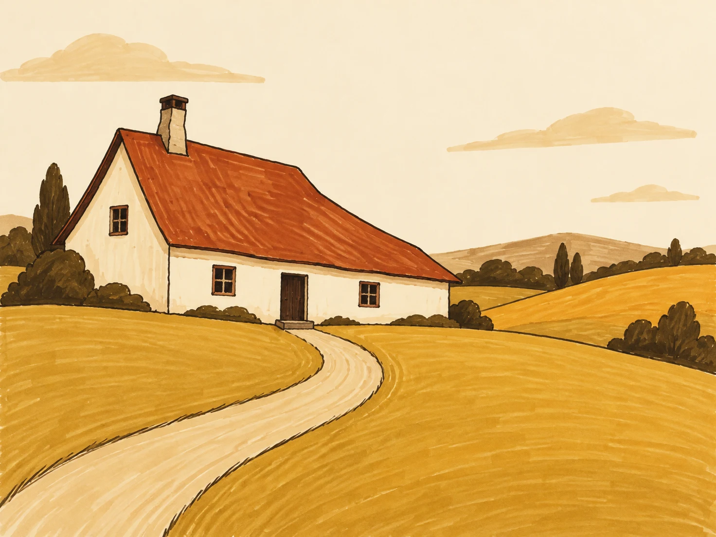 A cream farmhouse with a large rust-red roof sits amid rolling golden fields.