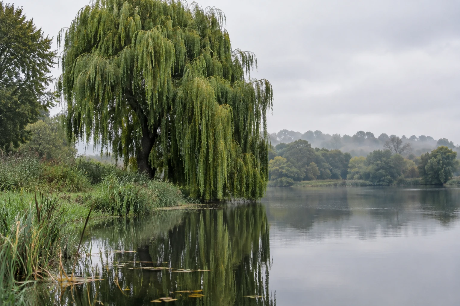 A mature weeping willow with long drooping fronds stands on a reed-lined wetland bank, reflected in calm water beneath a pale overcast sky, with misty woodland…