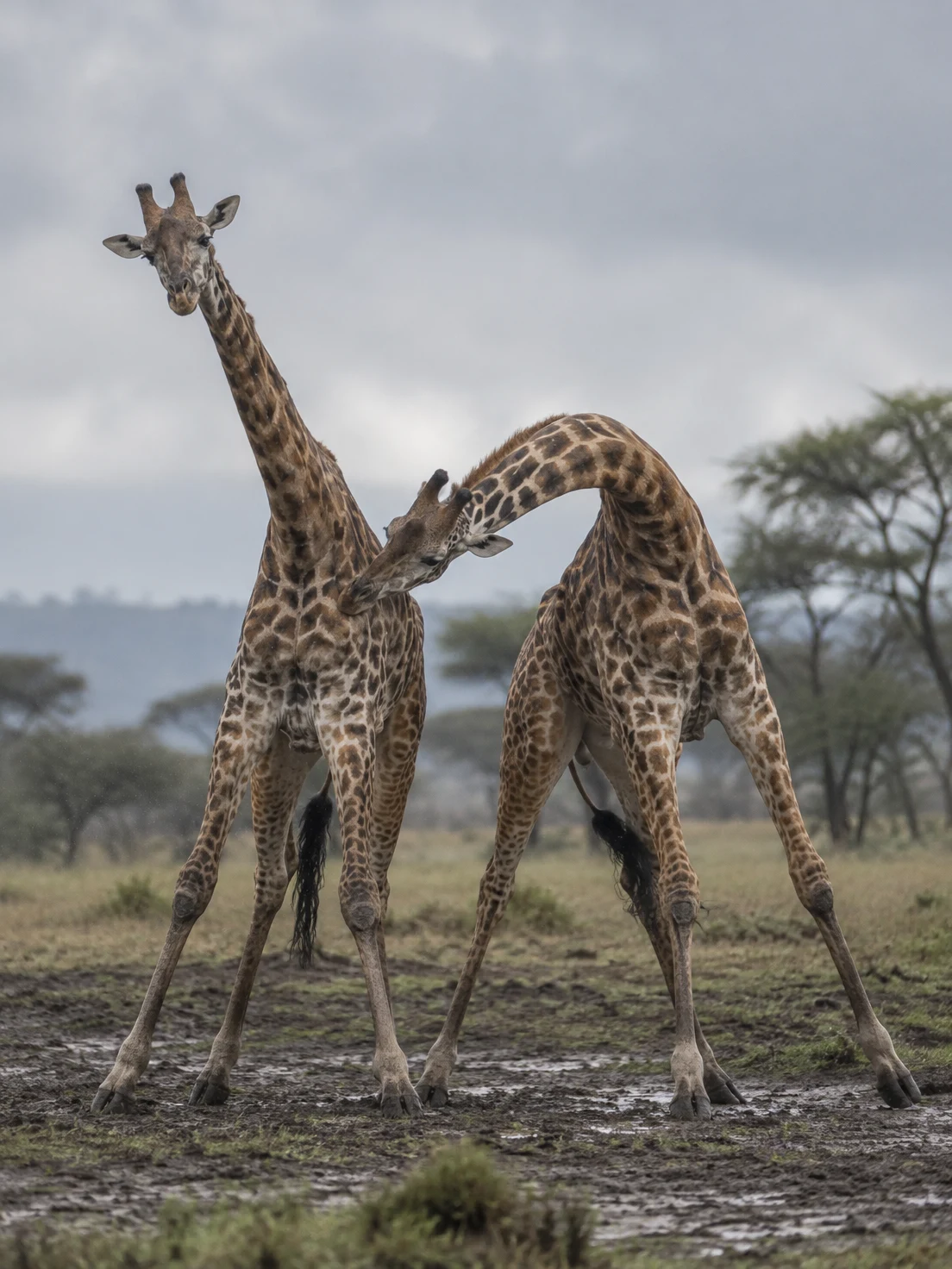 Two giraffes stand close together on muddy ground; one bends its neck in an arc and presses its head against the other’s side, with a softly blurred tree and…