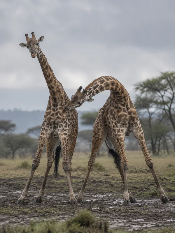 Two giraffes stand close together on muddy ground; one bends its neck in an arc and presses its head against the other’s side, with a softly blurred tree and…