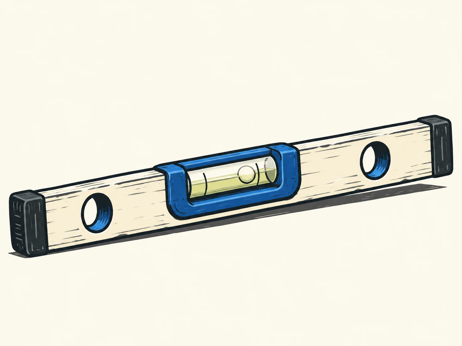 An elongated ivory spirit level with charcoal end caps and outline, a large cobalt-blue central vial housing, and a pale bubble slightly right of centre; it…