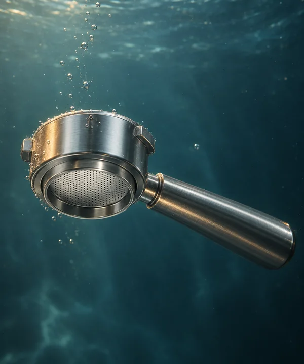 A stainless-steel espresso portafilter floats underwater, its perforated basket facing the camera and its reflective handle extending diagonally to the right…