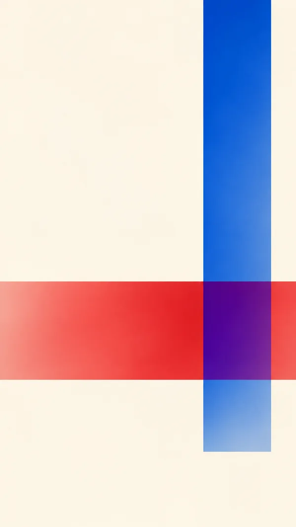 Minimal abstract composition on a warm ivory ground, with a translucent crimson horizontal band crossing the lower third and a cobalt vertical band near the…