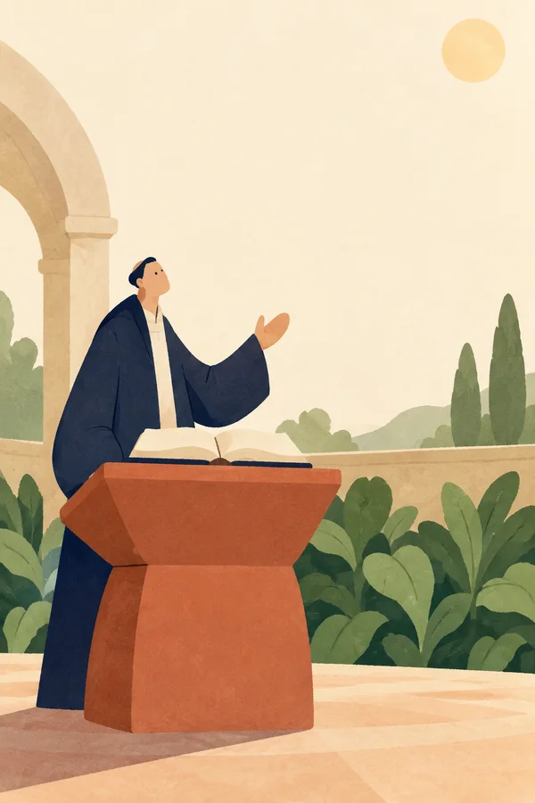 A small-faced lecturer in a navy jacket speaks with one hand raised behind an oversized terracotta lectern holding an open cream book.