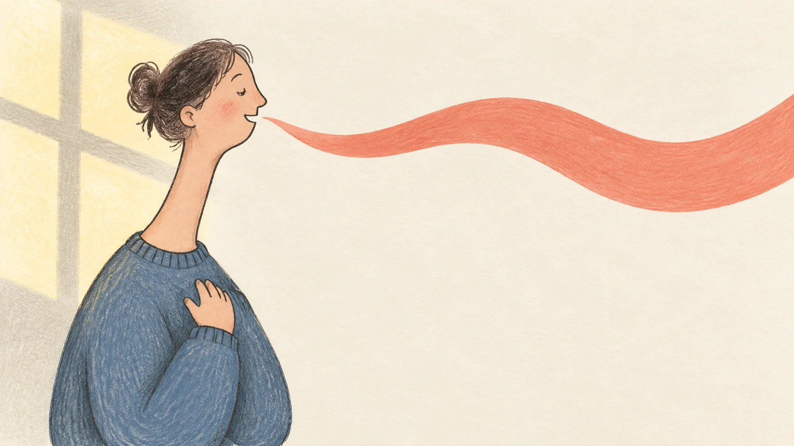 A long-necked woman in a dusty-blue sweater faces right with one hand against her chest, speaking a broad coral ribbon across a cream background; pale window…