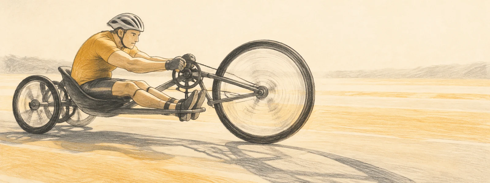 A helmeted athlete in an ochre jersey rides a low three-wheeled handcycle toward the right on a pale track, with a very large front wheel, two closely…