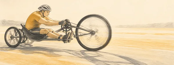 A helmeted athlete in an ochre jersey rides a low three-wheeled handcycle toward the right on a pale track, with a very large front wheel, two closely…