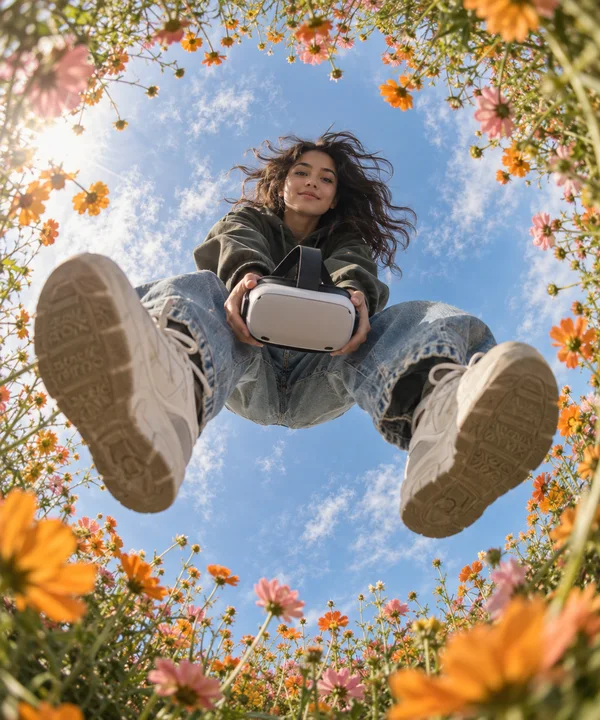 A woman in a dark hoodie, loose jeans and oversized sneakers jumps above the camera, holding a VR headset toward the lens as orange and pink flowers frame the…