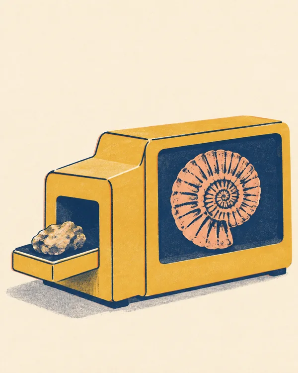 A squat ochre industrial scanner is shown against a warm cream background, with an irregular rock on a dark loading tray and a large navy display showing a…