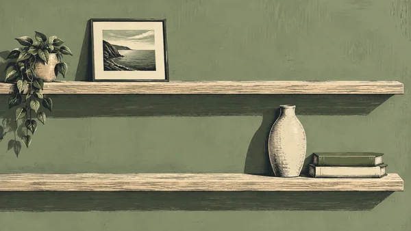 A framed monochrome coastal photograph rests on the upper pale wooden shelf, with a trailing potted plant at the far left; a tall ivory vase and a stack of…