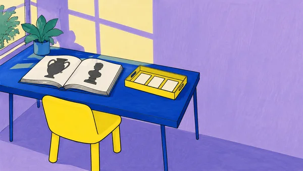 A cobalt-blue desk with a yellow chair sits against a lavender wall.