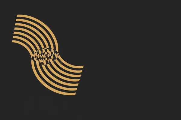 Two offset sets of wheat-gold curved bands overlap on a matte charcoal background, forming a compact abstract pattern on the left with open dark space to the…