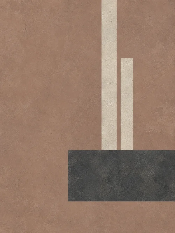 A dusty-clay textured background with two pale vertical mineral bands meeting the top edge of a broad charcoal rectangle in the lower-right area.