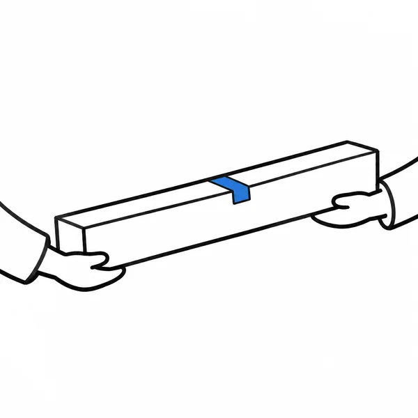A long, shallow white carton with a blue tape tab is supported underneath by two outlined hands extending from cropped sleeves, against a plain white…