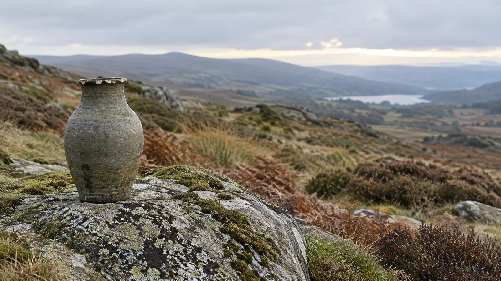 A weathered olive-grey stoneware vase with a chipped rim stands on a lichen-covered granite boulder in the foreground of a quiet upland moor, with heather…