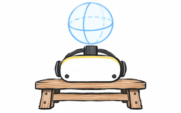 A large white VR headset with a black overhead strap rests on a low wooden workbench, with a blue outlined sphere floating above it against a white background.